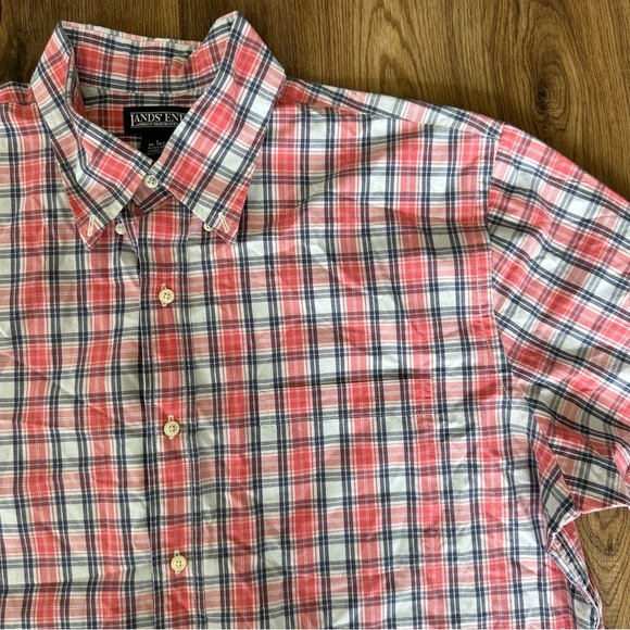 Lands' End Mens Short Sleeve Shirt Large Button Up Pink Plaid Cotton Preppy Top - Picture 1 of 9